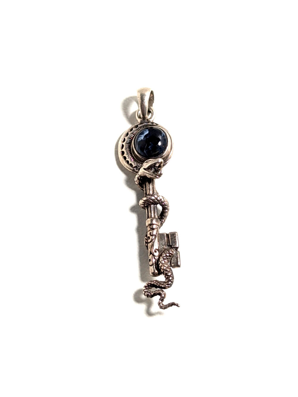 Elegant Sterling Silver 925 Chic Snake Key Dark Blue Stone Gothic Pendant 5.85g